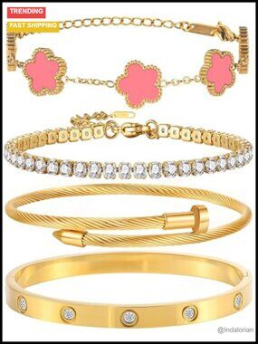 18K Gold Plated Bangle Bracelet Set Stackable Adjustable Tennis Bracelet Non
